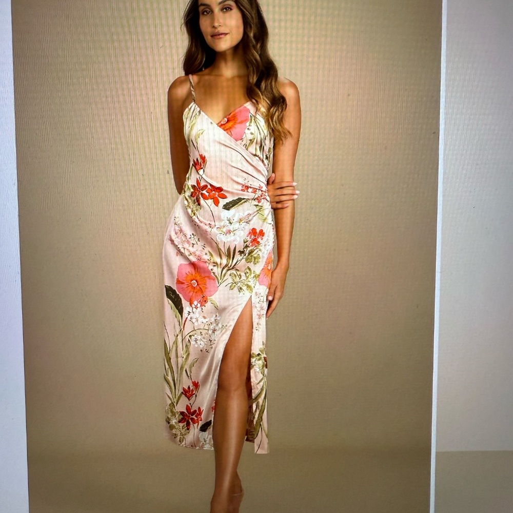 Lulu's Blush Pink Floral Wrap Midi Dress